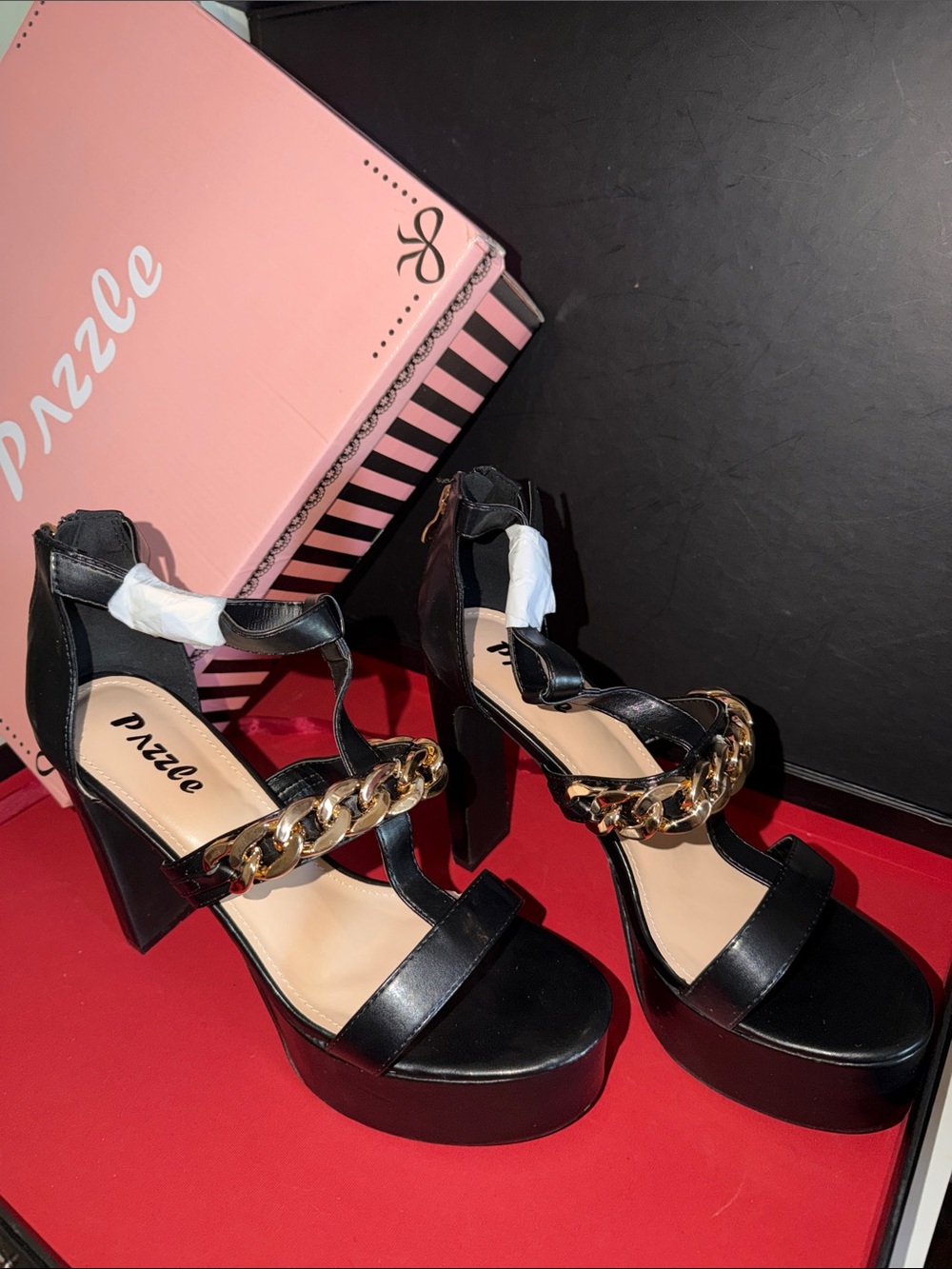 Puzzle Black Platform Sandals with Gold Chain Accent